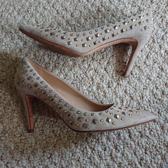 J. Crew Taupe suede silver & gold studded heels size 6 - Picture 1 of 12